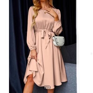 Lantern Sleeve Keyhole Back Belted Dress